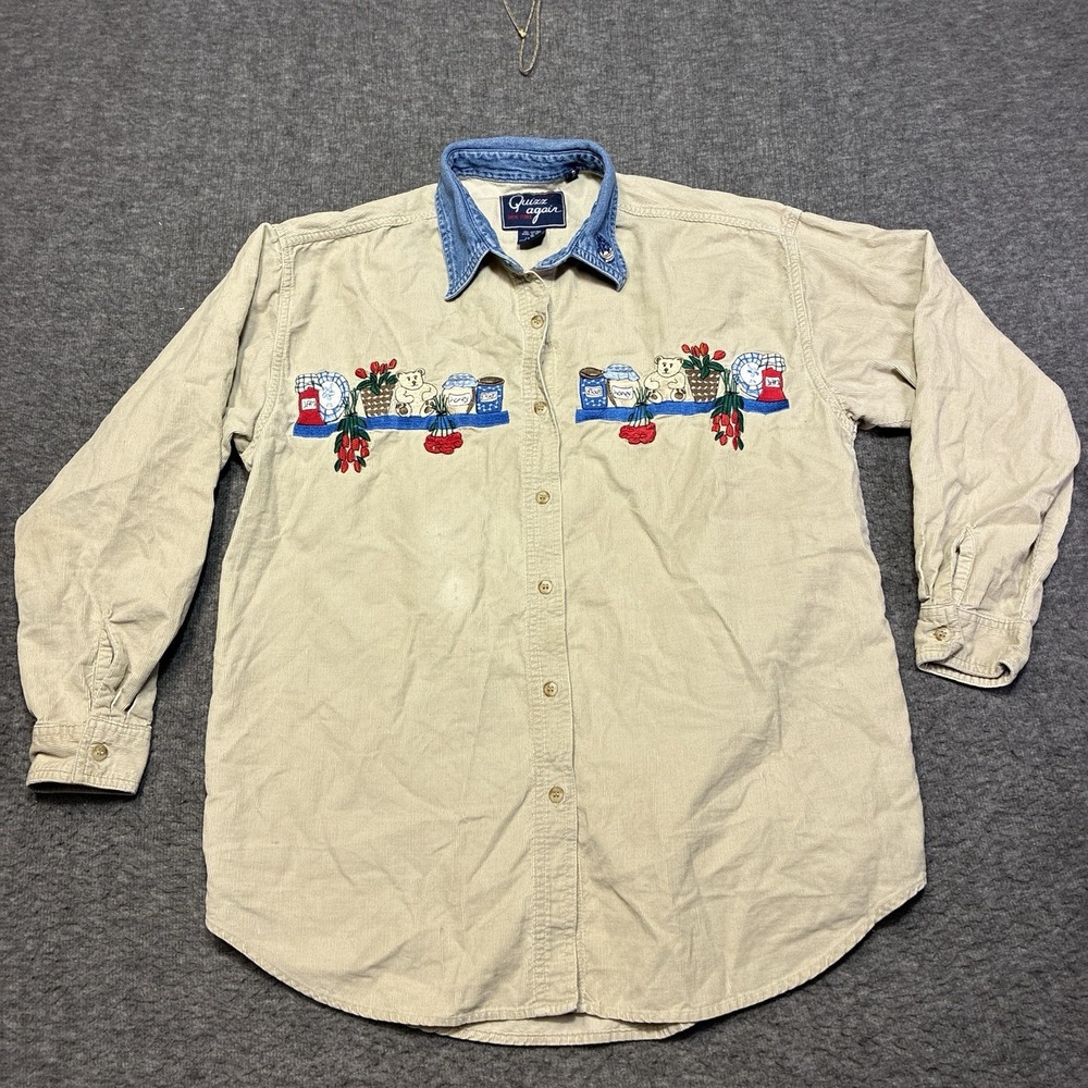 Vintage Let's Quizz Again Corduroy Shirt Womens Medium Embroidered‎ 90s Grandma